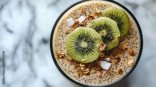 Healthy smoothie topped with kiwi slices and granola on a marble countertop background