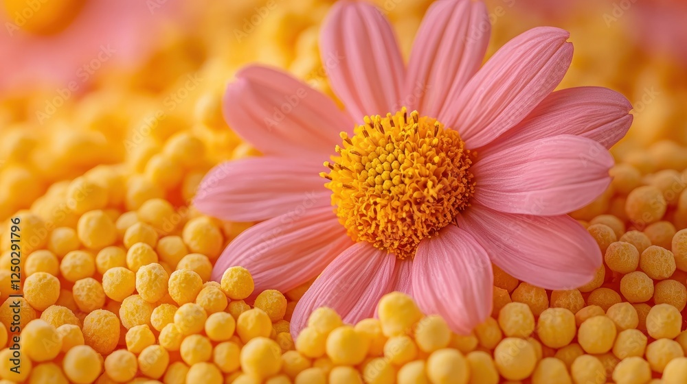 Pink flower on yellow beads, close-up, blurred background, product shot Pink flower on yellow beads, close-up, blurred background, product shot
