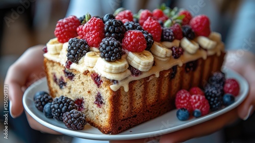 A person holding a delicious berry banana loaf cake topped with fresh fruit and cream
