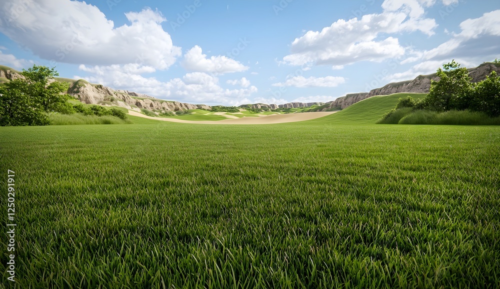 Obraz premium Lush Green Landscape Under Clear Blue Sky with Fluffy Clouds and Rolling Hills, Ideal for Nature Photography and Outdoor Recreation Themes