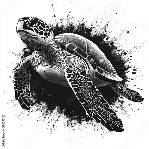 Intricate Black and White Illustration of a Sea Turtle with Splash Effect on White Background