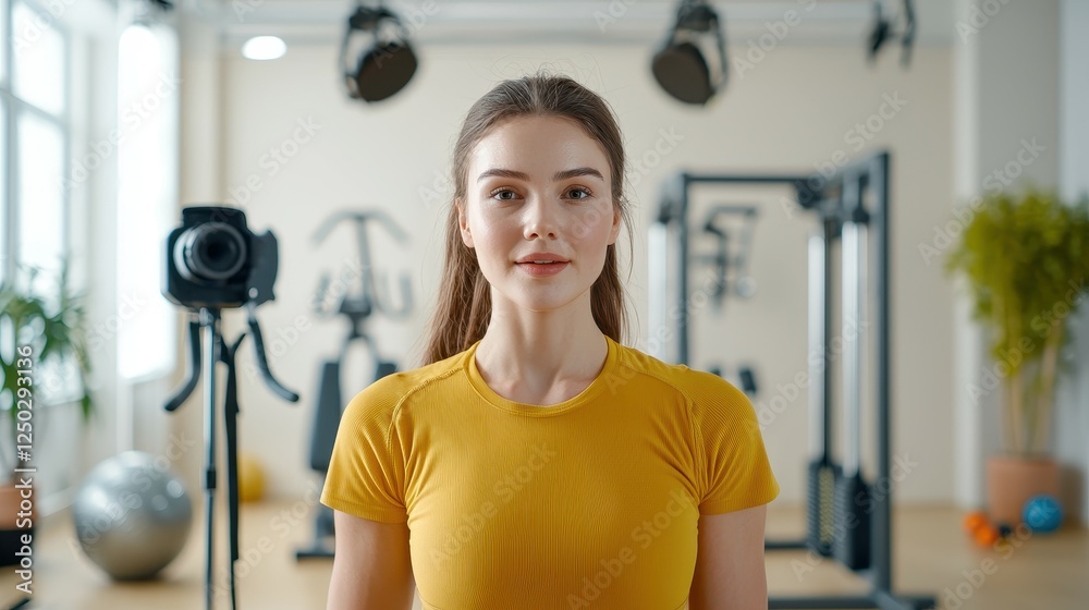 Young woman blogger recording fitness content in bright gym space inspiring healthy lifestyle journey Young woman blogger recording fitness content in bright gym space inspiring healthy lifestyle journey