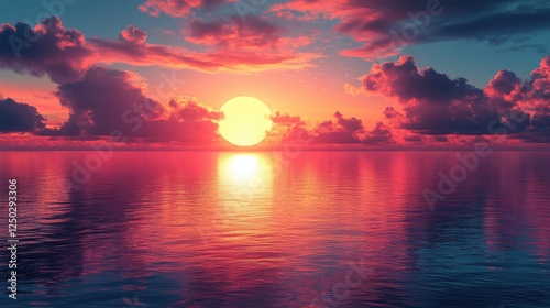 Vibrant sunset over calm ocean waters with colorful clouds reflecting on the surface photo