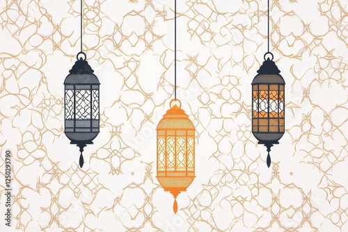 Three hanging lanterns with intricate designs against a patterned background. photo