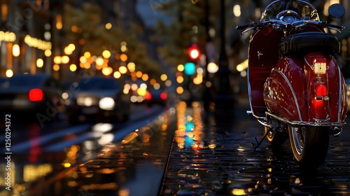 Vintage red scooter parked on a wet street at night, illuminated by city lights and reflections