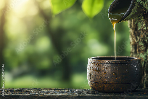 close up of liquid latex dripping from tapped rubber tree into wooden bowl, showcasing nature bounty in serene, green environment photo