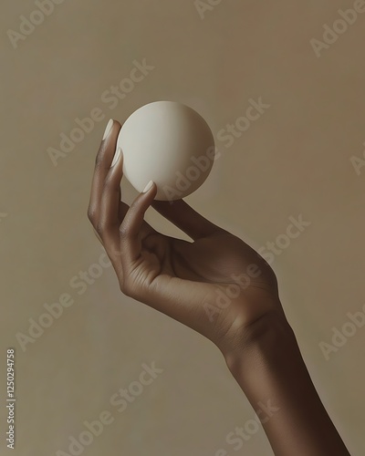 Hand holds sphere, beige backdrop, minimalist, still life