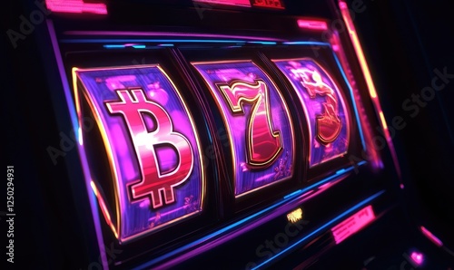 A 3D rendering of a slot machine with glowing neon lights in vibrant pink and purple.