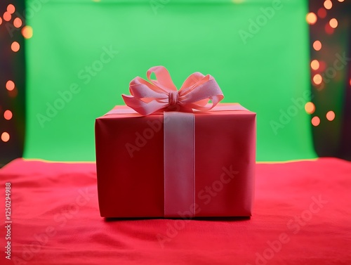 Gift box on red cloth, green screen, holiday lights