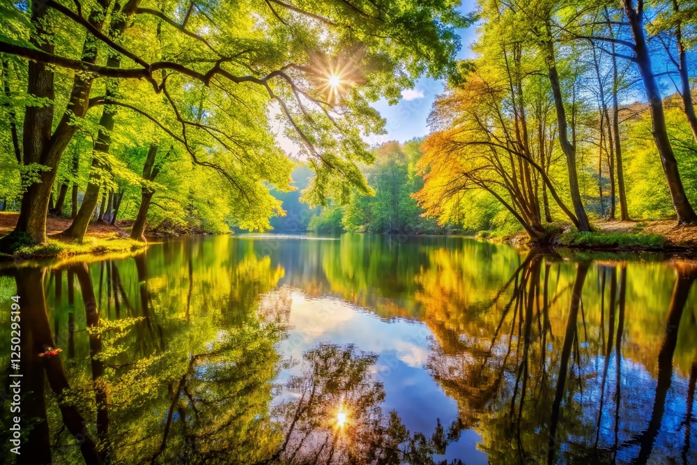 Sunlit Forest Reflection in Calm Water - Serene Nature Photography Sunlit Forest Reflection in Calm Water - Serene Nature Photography