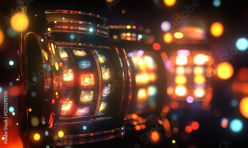 A 3D rendering of a slot machine with glowing neon lights in vibrant pink and purple.