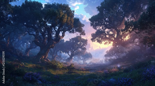 Twilight shadows dance fogshrouded forest digital artwork mysterious environment ominous viewpoint enigmatic concept photo