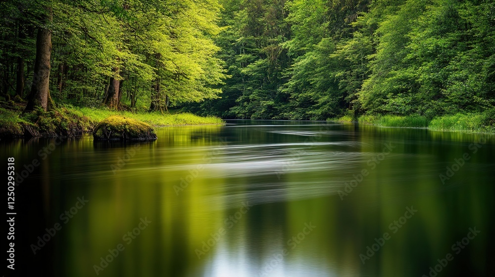Fototapeta premium Gentle River Flowing Through the Rainforest with Clear Water Reflecting Trees and a Peaceful Atmosphere