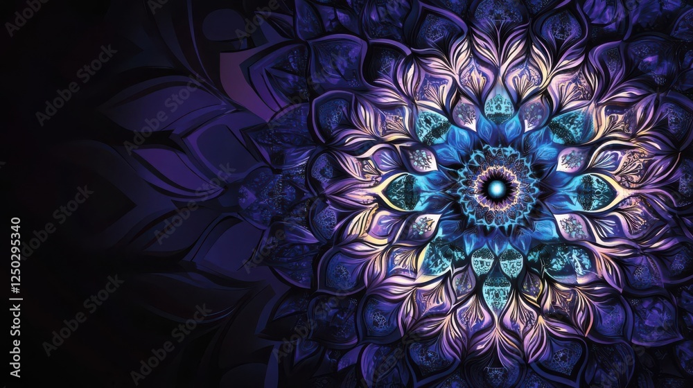Fototapeta premium Intricate mandala design featuring vibrant blue and purple hues with a dark background