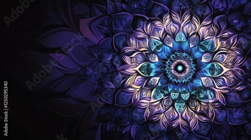Intricate mandala design featuring vibrant blue and purple hues with a dark background