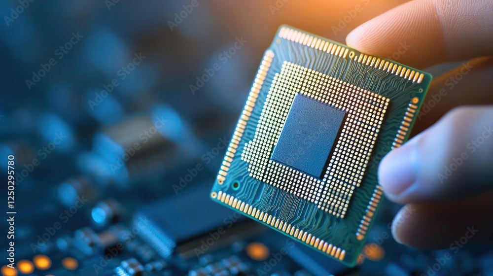Closeup Hand Holding Microprocessor Chip On Circuit Board Closeup Hand Holding Microprocessor Chip On Circuit Board