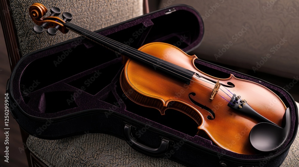 Fototapeta premium A beautifully crafted violin resting in its elegant case, showcasing fine details and rich colors