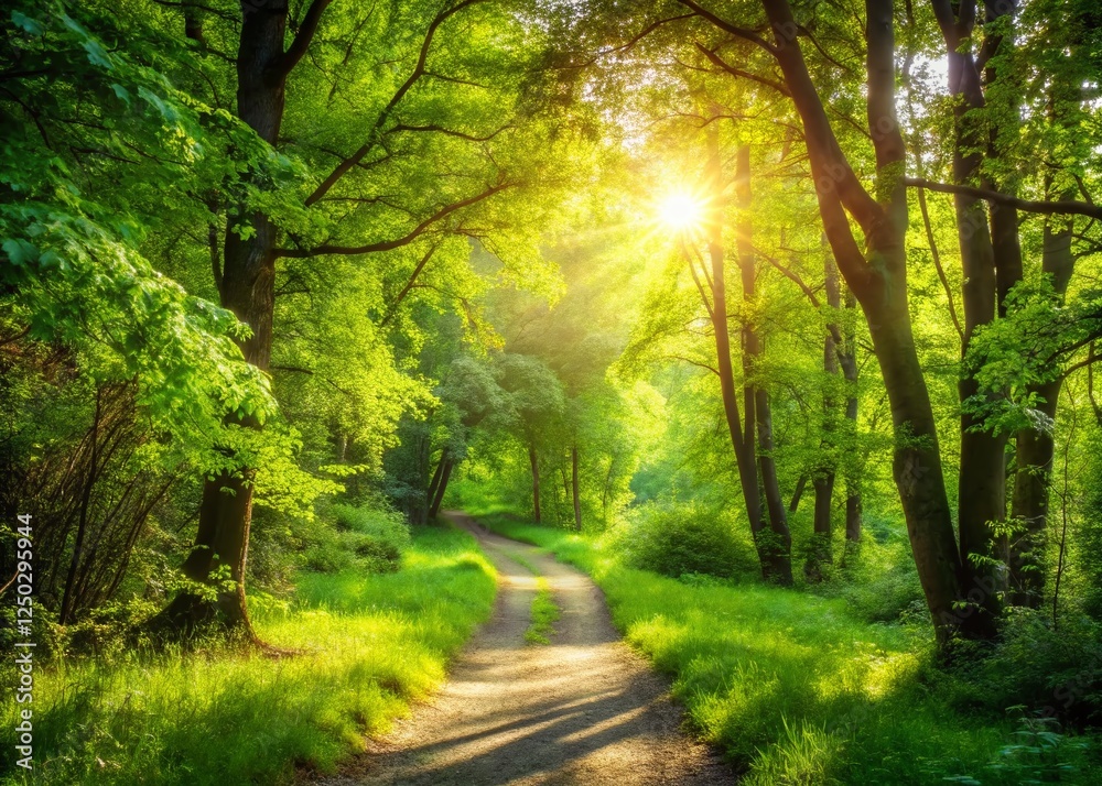 Fototapeta premium Sunny Summer Forest Path: Lush Green Foliage & Windswept Trees Stock Photo
