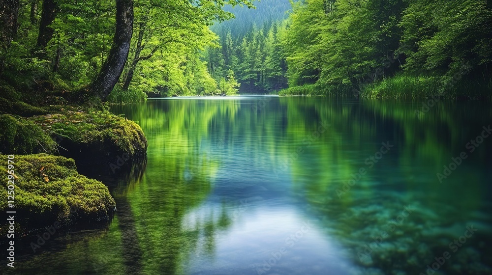Gentle River Flowing Through the Rainforest with Clear Water Reflecting Trees and a Peaceful Atmosphere Gentle River Flowing Through the Rainforest with Clear Water Reflecting Trees and a Peaceful Atmosphere