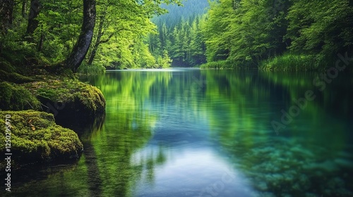 Gentle River Flowing Through the Rainforest with Clear Water Reflecting Trees and a Peaceful Atmosphere