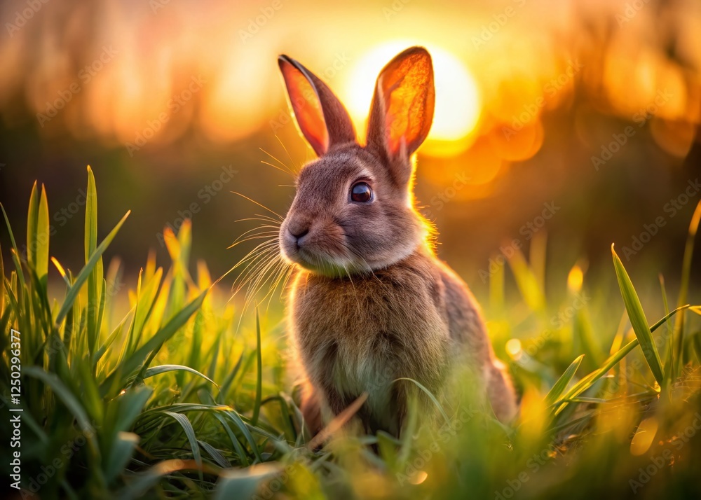 Fototapeta premium Sunset Bunny: Adorable Brown Rabbit in Tall Grass, Golden Hour Portrait