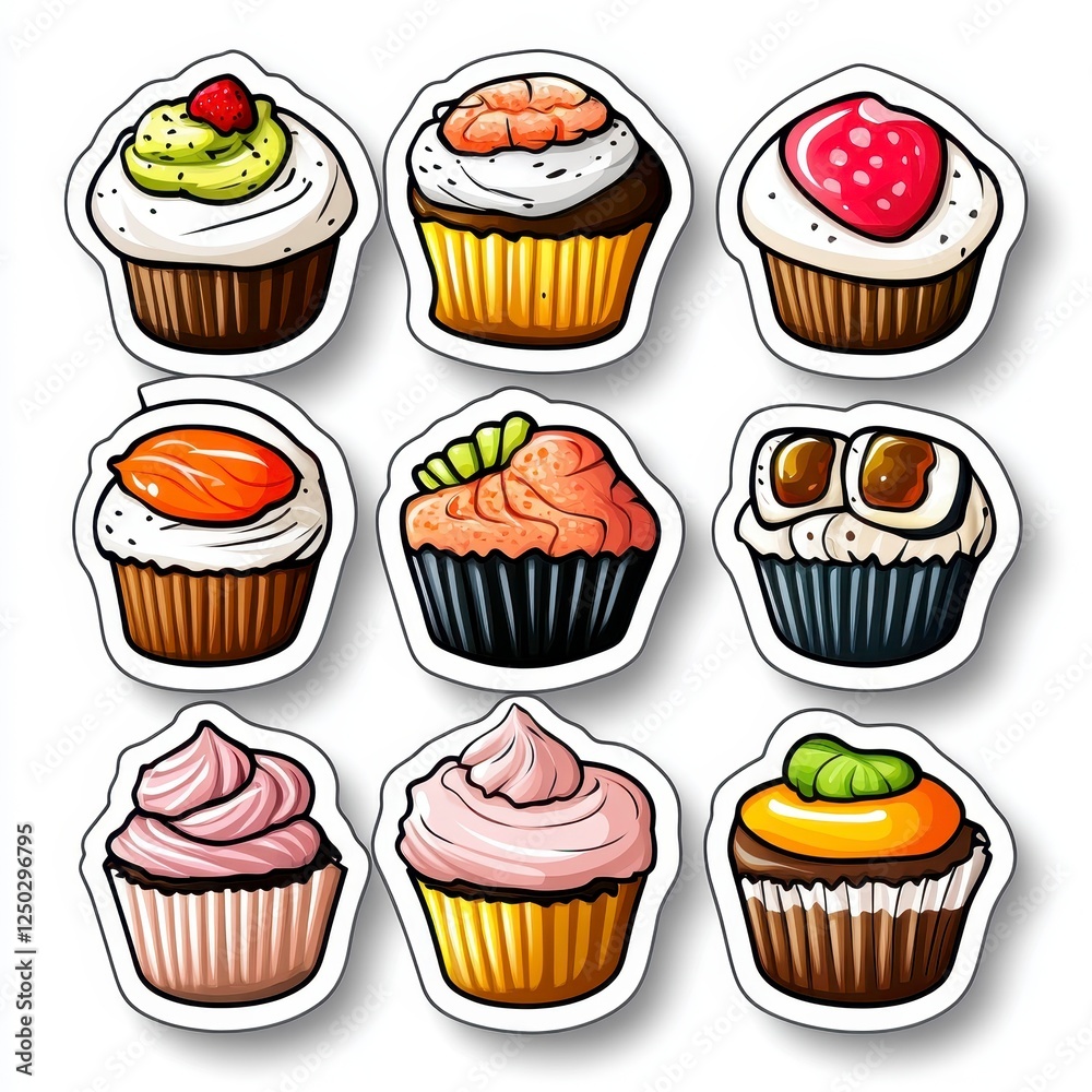 Colorful Cupcake Stickers with Various Toppings and Designs Colorful Cupcake Stickers with Various Toppings and Designs