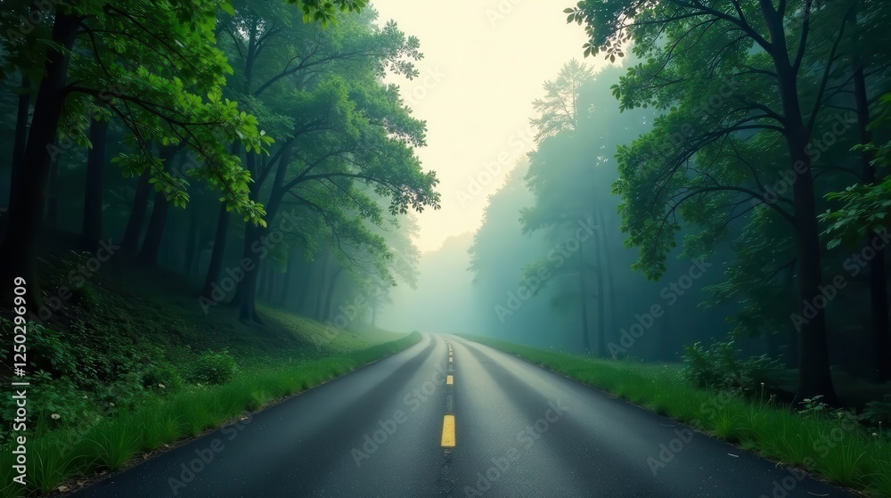 Fototapeta premium Misty Road Through Verdant Forest, Serene and Mysterious Journey Awaits