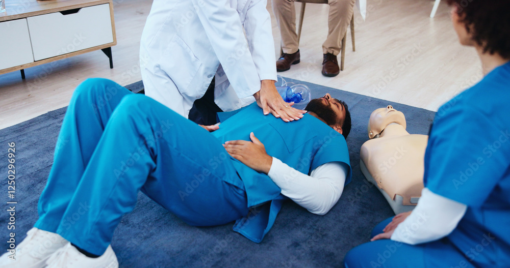 Obraz premium Chest, hands or doctor teaching cpr on person for first aid help, cardiac arrest or healthcare protocol. Medical class, students or people with respiratory tool in paramedic course or nursing school