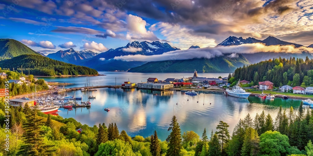 Obraz premium Surreal Alaskan Summer Panorama: Auke Bay & Gastineau Channel