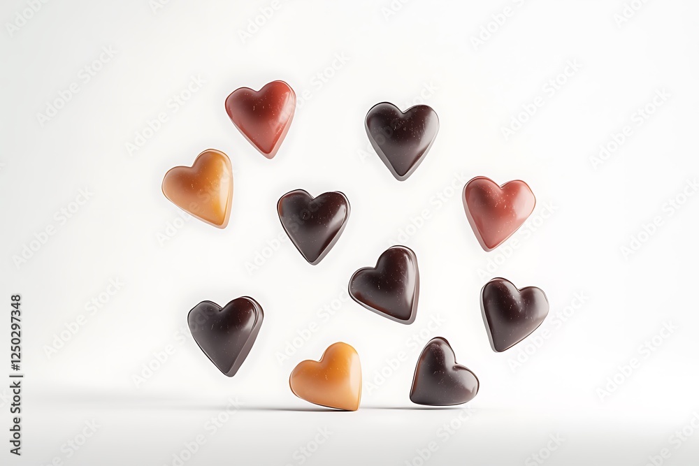 Fototapeta premium A surreal arrangement of floating heart-shaped chocolates, with no shadows, creating an ethereal effect on white.