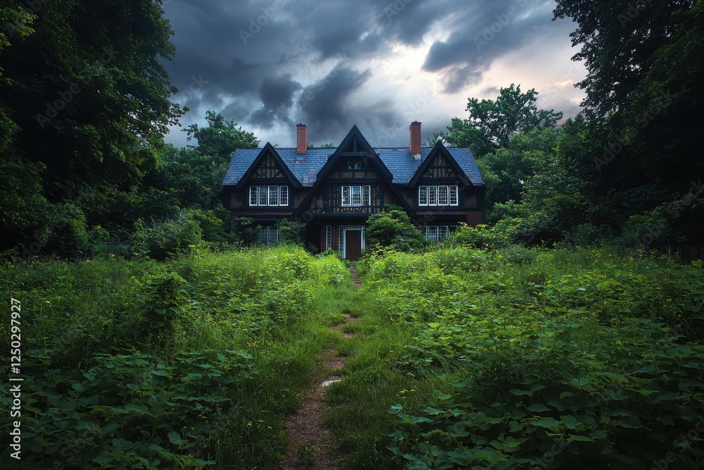 Fototapeta premium Exploring a serene garden overgrown with weeds surrounding a crumbling haunted house with eerie glowing pumpkins at night creating an atmosphere filled with mystery and intrigue
