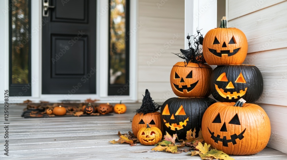Fototapeta premium Festive stacking of jack-o'-lanterns on a front porch creative pumpkin arrangement halloween decorations outdoor setting close-up view celebratory spirit