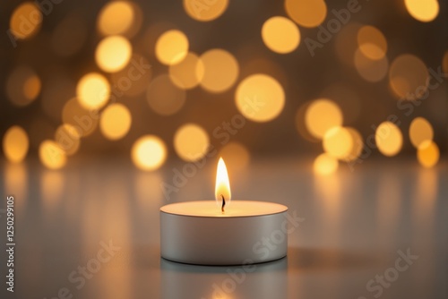 Small lit tealight candle on reflective surface with blurred golden bokeh lights in background. Concept of relaxation, warmth, and remembrance. Ai generative