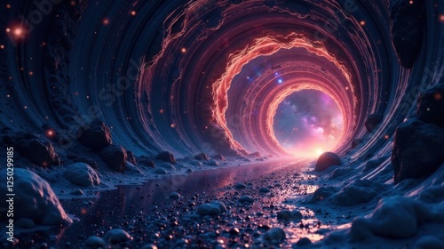 A cosmic pathway through a swirling nebula tunnel, leading to a vibrant starfield beyond photo