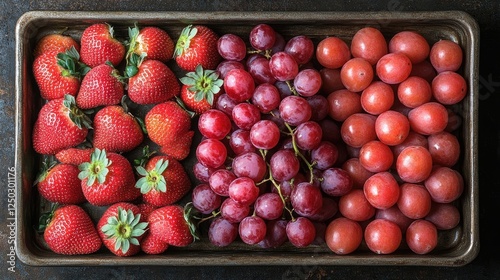 A vibrant assortment of fresh strawberries, red grapes, and plums arranged on a rustic tray