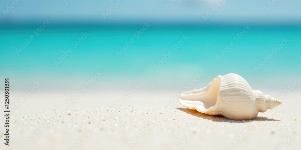 Seashell Serenity A Single Seashell Rests on Pristine White Sand Beside a Vibrant Turquoise Ocean, Evoking Tranquility and Summer Vacation Memories. Seashell Serenity A Single Seashell Rests on Pristine White Sand Beside a Vibrant Turquoise Ocean, Evoking Tranquility and Summer Vacation Memories.