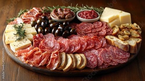 A beautifully arranged charcuterie board featuring various meats, cheeses, olives, and spreads