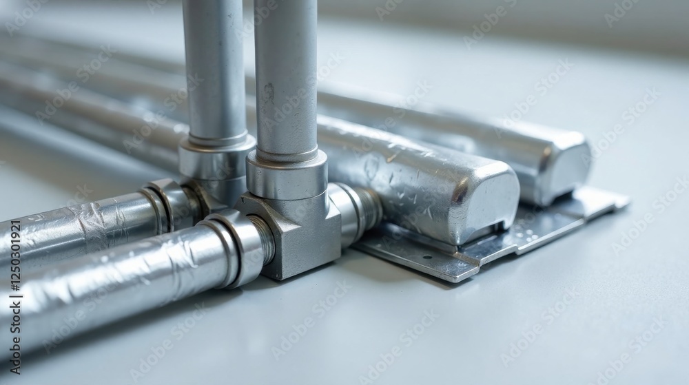 Close-up of metallic piping components, industrial fittings, and connections showcasing intricate engineering