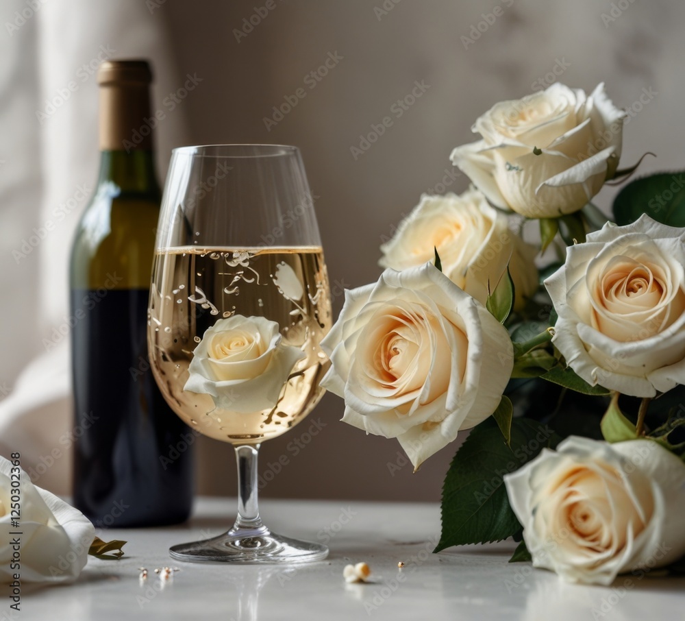 glass of wine on a background of white roses glass of wine on a background of white roses