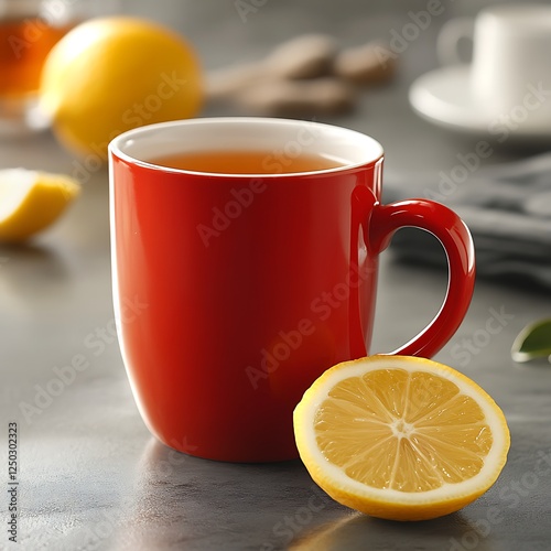 Red mug of tea with lemon on countertop