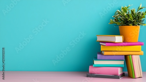Wallpaper Mural Colorful Stacked Books and Potted Plant on Vibrant Turquoise Background for Educational or Home Décor Inspiration Torontodigital.ca