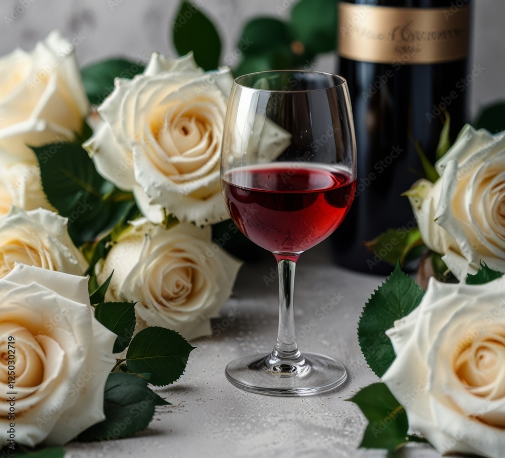 glass of wine on a background of white roses glass of wine on a background of white roses