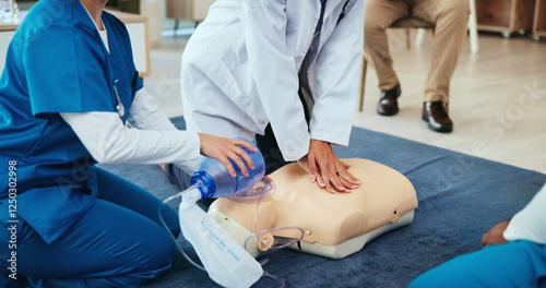 Fotografie Mask, hands or nurses learning cpr on mannequin for first aid, cardiac arrest or healthcare protocol