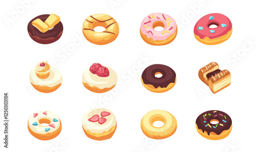 Colorful Donuts Cartoon Set in Flat Minimalist Style for Food Games and Apps