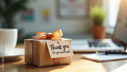A beautifully wrapped gift box with a ribbon and a tag saying 