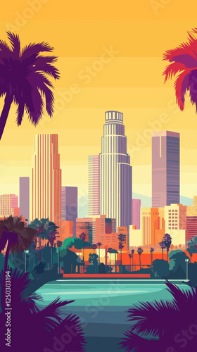 Retro Los Angeles Cityscape Poster - Vibrant Vintage Summer Travel Illustration