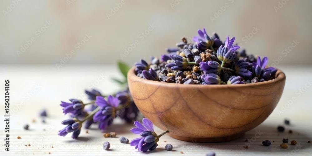 Aromatic Dried Lavender Blossoms in a Wooden Bowl on a White Surface Aromatic Dried Lavender Blossoms in a Wooden Bowl on a White Surface