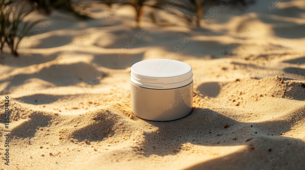 Cosmetic cream jar on sandy beach in summer with black shadow in copy space image Cosmetic cream jar on sandy beach in summer with black shadow in copy space image