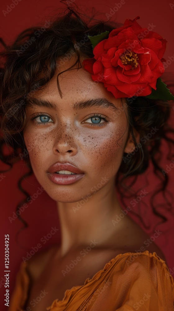 Naklejka premium Professional beauty portrait for skin care products haircare body care woman self care, cinematic, floral copy space for ad promos