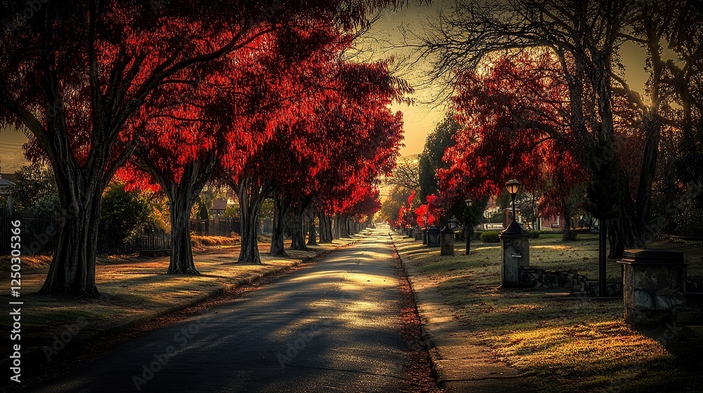 Autumnal street, red trees, sunrise, suburban setting, idyllic Autumnal street, red trees, sunrise, suburban setting, idyllic